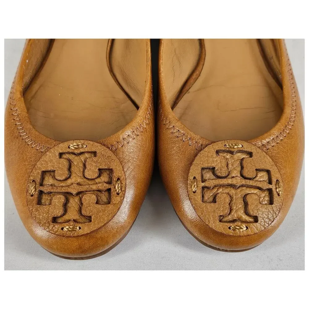 Tory Burch Tan Leather Logo Round Toe Ballet Flats - Picture 5 of 12